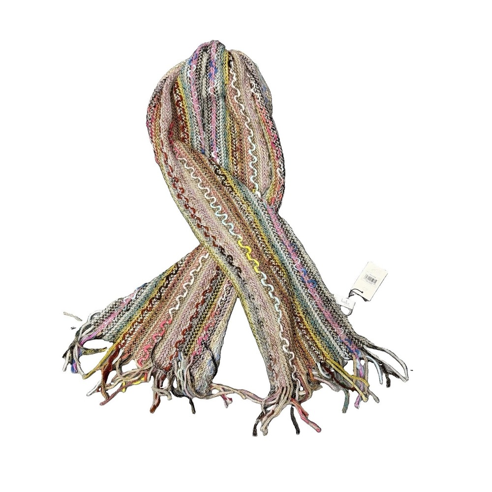 Hadley Wren Multicolor Knit Fringe Scarf 100% Acrylic Boho Striped
